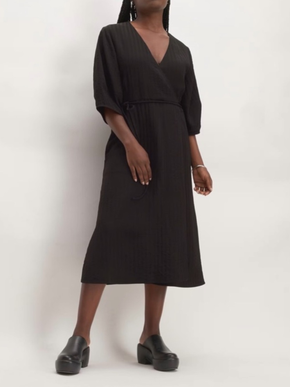 Everlane The City Stripe Wrap Dress Black V Neck Midi Women’s Size 8